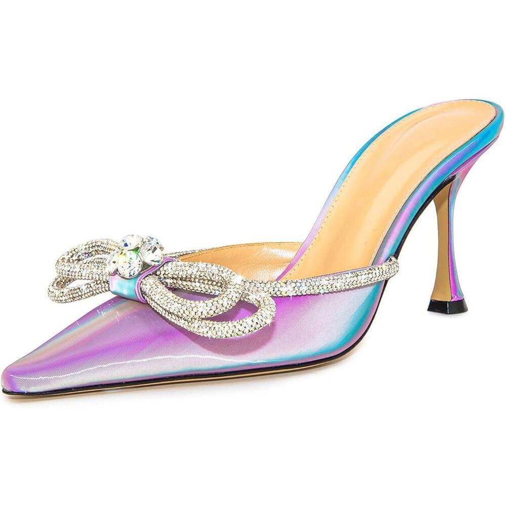 Women High Heeled Mules Crystal Rhinestones Double Bow Sandal Pointed Toe Summer - Picture 1 of 8
